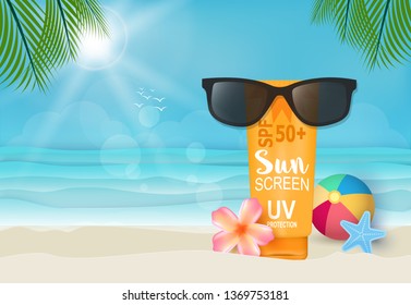 Sunscreen and sunglasses on the beach background illustration