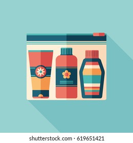 Sunscreen and suntan lotion in transparent plastic bag flat square icon with long shadows.