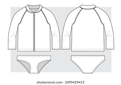 Sunscreen swimsuit with long sleeves top with zipper. Technical sketch.