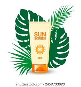 Sunscreen with tropical leaves. Cosmetic product with SPF for skin care for sun protection. Vector illustration on white background