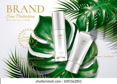 Sunscreen tube and bottle with tropical leaves in 3d illustration