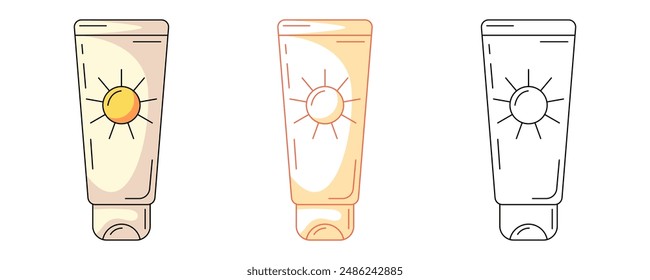 Sunscreen in a tube, colorful and line icon set. Summer, sun safety, skin care concept. Vector outline icon, monochrome and color illustration. For sticker, coloring book, logo, label