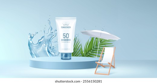 Sunscreen tube mockup on light blue cylinder podium with clear water splash, palm tree leaves, beach umbrella and lounge chair. Summer vacation body and face care lotion presentation and promotion.