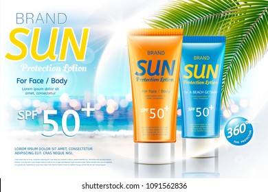 Sunscreen tube product on bokeh summer resort background in 3d illustration