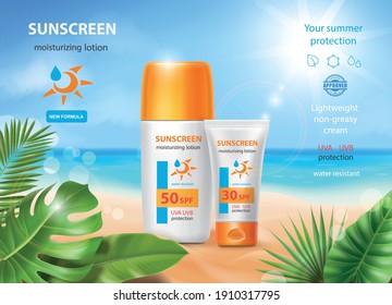 Sunscreen tube product on tropical summer beach background. Cosmetic bottles with sun protection cosmetic products with palm leaves. - Shutterstock ID 1910317795