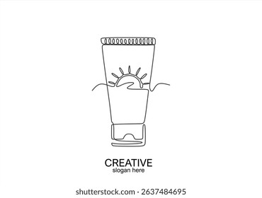 Sunscreen tube with sun and waves, minimalist line art logo.  line icon-continuous line drawing. Editable stroke.