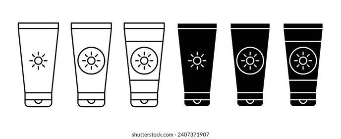 sunscreen tube vector icon set. summer beach sunblock body care cream sign. Sun protection sunscreen vector symbol in black and white color