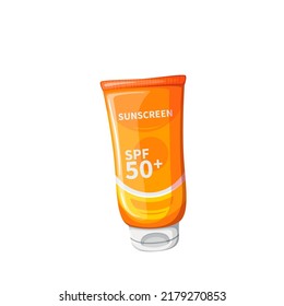 Sunscreen tube vector illustration. Cartoon isolated sunblock cream or lotion for suntan in orange plastic container, cosmetic product with 50 SPF to protect health of skin from sun while sunbathing