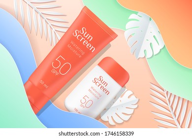 Sunscreen tubes ads template. Cosmetic sunscreen boxes with paper tropical palms leaves and waves background. Orange and white bottles isolated on background. Realistic 3d style. Vector illustration.