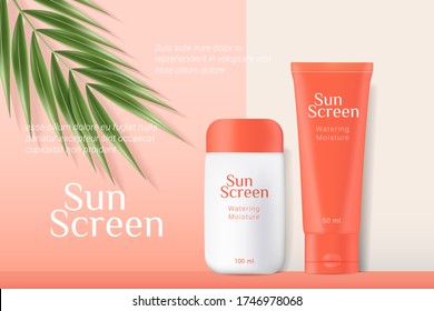 Sunscreen tubes ads template. Cosmetic sunscreen boxes with realistic green tropical palm leaf. Orange and white bottles isolated on background. Realistic 3d style. Vector illustration.