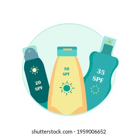 Sunscreen Tubes, Bottles Sunblocks Products with different SPF levels Protection.Set of anti-UV Cream,Lotion, Spray. Colored Poster flat vector illustration. Advertisement isolated on White background