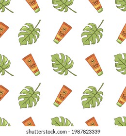 Sunscreen Tubes and Monstera Leaves Seamless Pattern. Sun protection factor and tropic foliage for skincare cosmetics, wallpaper, web, wrapping paper, background, texture