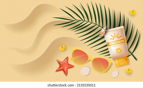 Sunscreen tubes with summer palm leaves, sunglasses and shells on yellow sand. 3D vector illustration