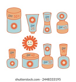 Sunscreen tubes with various SPF clipart collection. Summer skin care concept. Hand drawn vector illustration for decor and design.

