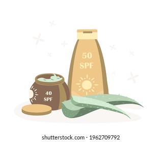 Sunscreen Tubes,Bottles Sunblocks Products with different SPF levels Protection.Set of anti-UV Moistening Cream,Lotion.Aloe Vera Extract.Flat vector illustration.Sunbath Advertisement,White background