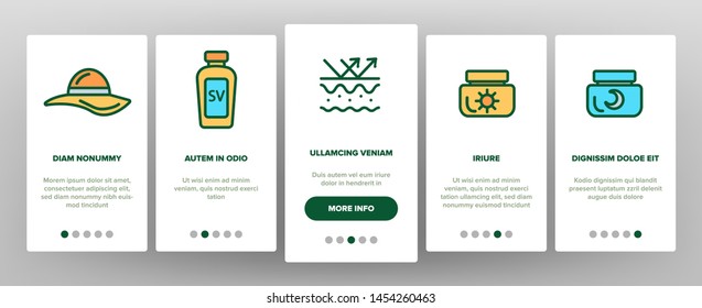 Sunscreen, UV Defence Vector Onboarding Mobile App Page Screen. Sunscreen, Suntan Rules Illustrations. Summer, Seaside Vacations Cosmetics. Skin Protection, Hats, SPF Cream, Sunglasses Pictograms
