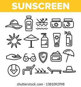 Sunscreen, UV Defence Vector Thin Line Icons Set. Sunscreen, Suntan Rules Linear Illustrations. Summer, Seaside Vacations Cosmetics. Skin Protection, Hats, SPF Cream, Sunglasses Contour Pictograms