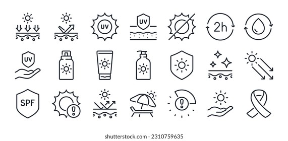 Sunscreen and uv protection concept editable stroke outline icon isolated on white background flat vector illustration. Pixel perfect. 64 x 64.