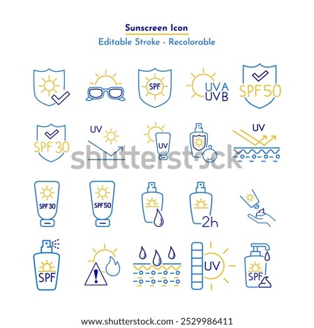 Sunscreen UV protection icon set. UV radiation icon. Ultraviolet symbol. Sun screen UV protection icons. Skincare illustration, suitable for cosmetics packaging sign, symbol