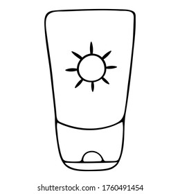Pantalla solar. Ilustración vectorial. Esquema sobre un fondo blanco aislado. Estilo Doodle. Esbozo. Cosméticos para unas vacaciones en la playa. En el tubo está el icono del sol. Protección de la piel. Herramienta SPF especial. 