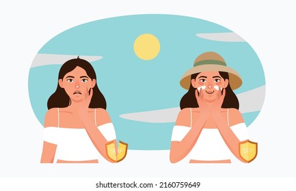 Sunscreen Vs. No Sunscreen Comparing.  Cartoon Girl Applying Lotion On Face. Summer Sun Protection. Beauty Care. SPF Products. Vector.