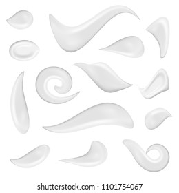 Sunscreen White Cream Strokes or Cosmetic Sun Protection Gel Drops Isolated. Beautiful Realistic 3d Vector Illustration of Creamy Smooth Foam Smears