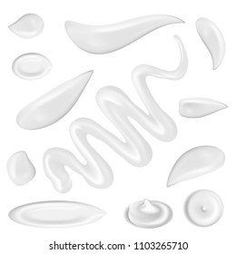 Sunscreen White Cream Strokes or Cosmetic Sun Protection Gel Drops Isolated. Beautiful Realistic 3d Vector Illustration of Creamy Smooth Foam Smears