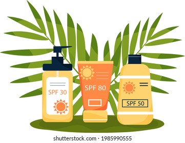 Sunscreens on the ground of tropical leaves. Tubes with inscription SPF 30,  SPF50, SPF 80. Skincear, UV protection. Vector illustration in flat style. 