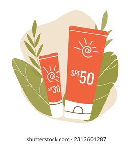 Sunscreens on the ground of tropical leaves. Tubes with inscription SPF 30, SPF50. Skincear, UV protection. Vector illustration in flat style.
