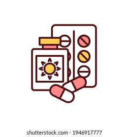 Sun-sensitizing drugs RGB color icon. Allergic reaction. Photosensitive, phototoxic drugs. Sun exposure. Causing severe skin reaction. Painkillers. Ultraviolet exposure. Isolated vector illustration