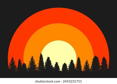 Puesta de sol sobre la silueta del bosque, pegatina de montaña de estilo vintage o Plantilla de póster - Vector