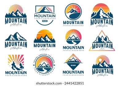 Sunset above mountains peak icon set logo design . Vintage styled mountain . Vector illustration