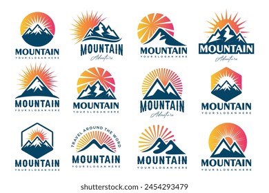 Sunset above mountains peak icon set logo design . Vintage styled mountain . Vector illustration