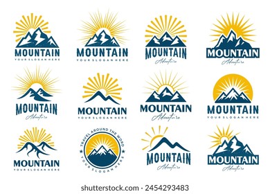 Sunset above mountains peak icon set logo design . Vintage styled mountain . Vector illustration