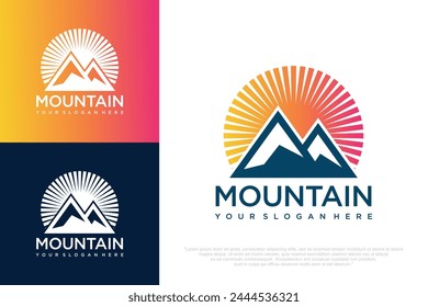 Sunset above mountains peak logo design . Vintage styled mountain . Vector illustration