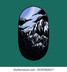 Sunset above mountains peak silhouette. Vintage styled mountain logo or sticker or poster template. Vector illustration