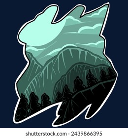 Sunset above mountains peak silhouette. Vintage styled mountain logo or sticker or poster template. Vector illustration
