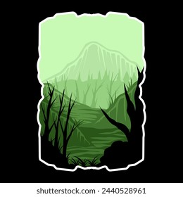 Sunset above mountains peak silhouette. Vintage styled mountain logo or sticker or poster template. Vector illustration