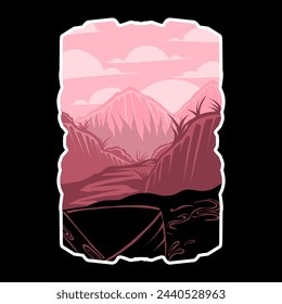 Sunset above mountains peak silhouette. Vintage styled mountain logo or sticker or poster template. Vector illustration