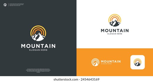 Sunset above mountains peak silhouette logo design template