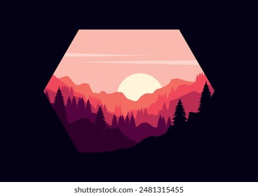 Sunset above mountains peak silhouette Vintage styled mountains template
