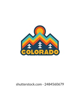 Sunset above mountains peak silhouette. Vintage styled mountain logo or sticker or poster template. Vector illustration
