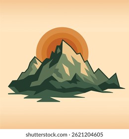 Sunset above mountains peak silhouette. Vintage styled mountain logo or sticker or poster template. Vector illustration