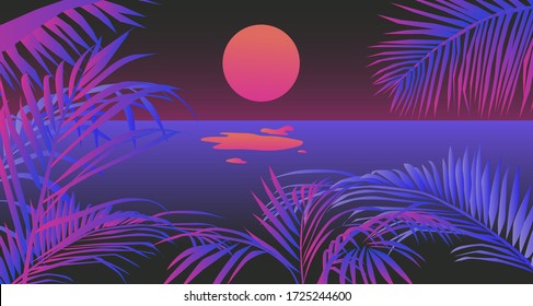 Sunset above the ocean, landscape with coconut palm trees or ferns. Lounge atmosphere on vacations. Vaporwave and retrowave style illustration.