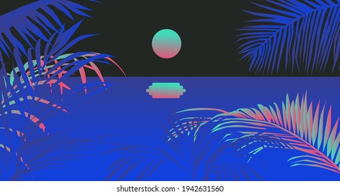 Sunset above the ocean, landscape with coconut palm trees or ferns. Lounge atmosphere on vacations. Vaporwave and retrowave style illustration.