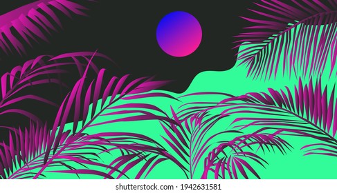 Sunset above the ocean, landscape with coconut palm trees or ferns. Lounge atmosphere on vacations. Vaporwave and retrowave style illustration.