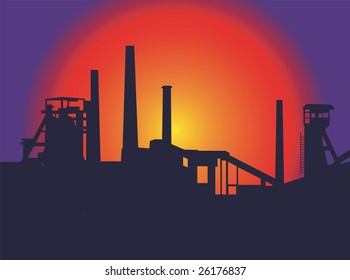 Puesta de sol sobre la antigua fábrica. Ilustración vectorial.