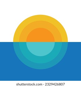 Sunset above the sea or ocean with sun and water silhouette. Logo. Vector illustration.