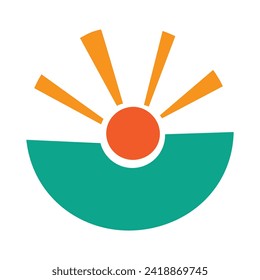 Sunset above the sea or ocean with sun and water silhouette. Logo. Vector illustration.