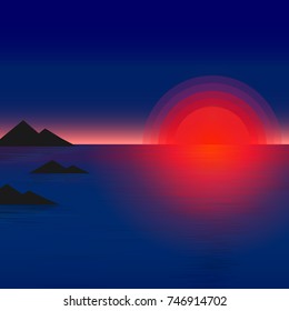 Sunset above the sea. Vector illustration,flat style